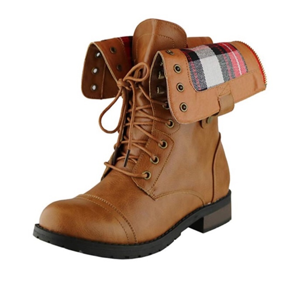 Refresh Camel Brown Fold-Over Plaid Combat Boots
